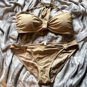 AERIE Army Green Bandeau Bikini w/ Removable Neck Tie - LG Bottom, XL Top